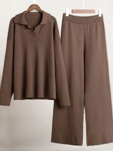 Autumn Winter Thick 2 Piece Sets Womens Outfits Knit Pant Suits Soft Polo Neck Matching Sets Pullover Sweater Womens Clothing