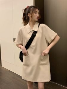 Plus Size Fat Girl 100.00kg Polo Collar Shoulder Short Sleeve Tops Womens Summer Covering Belly Thin Loose French Dress