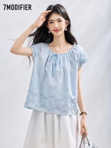 7.Modifier | Áo Blouse Dễ Thương Cổ Tròn Thắt Dây Kiểu Đục Lỗ Form Rộng