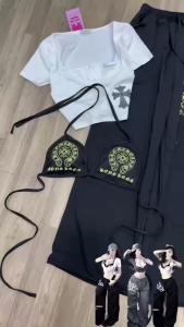 LS_Set 3 món cá tính set đồ nữ mặc nhà đi chơi quyến rũ áo Thun croptop ôm body kiểu phối bra trong in nhiệt kèm quần dài Da Cá năng động