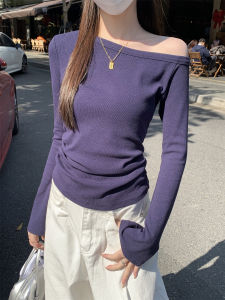 Áo Thun Tay Dài Hở Vai Màu Xanh Lam Phong Cách Ngọt Ngào Cho Nữ Mùa Thu Thời Trang Pure Desire Cổ Chéo