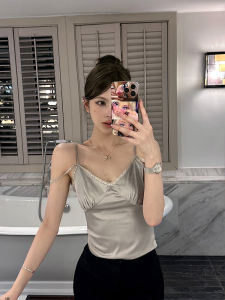 Titi Little Sister Evening Pearl Two Tone Slim Fit Satin Lace Trim Camisole Top Womens Fashion Summer 2023 Polyester Spandex