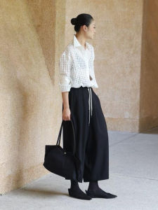 BOGUDU | Summer Casual Simple White Grid Long Sleeve Shirt Black Casual Trousers