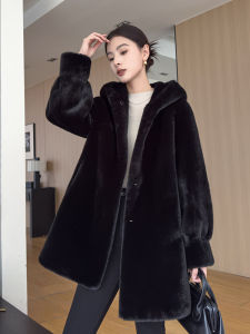 2025 New Velvet Mink Fur Coat Womens Mid-Length plus Size Hooded Faux Fur Outerwear Slimming Effectiveness