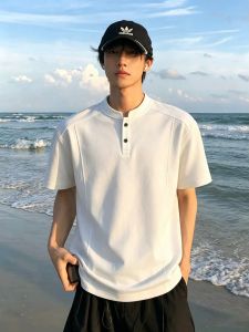 ZHUOCAN | American Deconstructed Splice Stand Collar Short Sleeve Mens T-Shirt