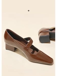 รองเท้าส้นหนา Mary Janes สำหรับผู้หญิง สีน้ำตาล ทรงเรโทร หัวเหลี่ยม หัวรองเท้าสูง ทรงหัวมน หัวรองเท้าทรงสี่เหลี่ยม
