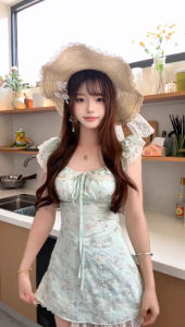 Váy Ngắn Ôm Vừa Vặn Họa Tiết Hoa Mùa Hè Ngọt Ngào Màu Xanh Lá Váy Ngắn Mùa Hè Mới Cho Nữ Váy Midi Chữ a Không Tay