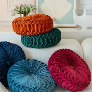 Red Gift Velvet Pumpkin Throw Pillow Handmade Pleated 3D Dutch Backrest Waist Lumbar Support Cushion Mat For Sofa Bed Floor