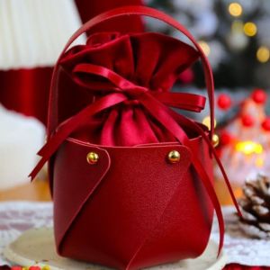 2pcs/lot Creative DIY Gift Candy Basket Red PU Handy Packing With Drawstring Velvet Bag Wedding Favor Packing Souvenir 10*8cm
