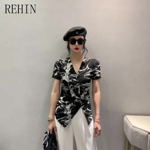 REHIN Summer new printed mesh short-sleeved V-neck T-shirt irregular split slim-fit top highlighting a slender figure women blouse