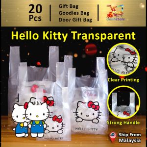 Gift Bag 20pcs Goodies Bag Door Gift (30) Hello Kitty Cute Cat Cartoon Transparent Handle Shopping Plastic Bag Birthday Singlet Snacks Packaging Begs