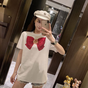 Trendy White Heavy Duty Cotton Butterfly Knot Shoulder T-Shirt Loose Fit Streetwear Casual round Neck Short Sleeve Top
