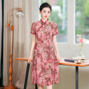 Summer Short Sleeve Qipao Dress for Middle-Aged Women Retro Mom Style National Trend Improved Version Casual Fit Silk Blend Long Dress