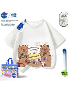 NASA Collaborative Capybara Short Sleeve T-Shirt Pure Cotton Childrens Summer Fashion Top for Boys And Girls Ages 3-15