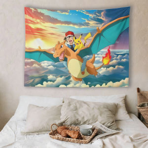 Pokemon Ash Charizard & Pikachu Tấm Thảm Hoàng Hôn Bầu Trời Cảnh Bay Treo Tường Trang Trí Cho Phòng Ngủ Phòng Khách Chủ Đề Anime