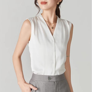 White Sleeveless Shirt Womens Autumn Winter Base Layer Professional Workwear Large Size V-neck Design Versatile Blouse