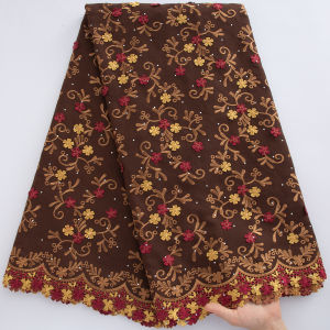 5Yards African Cotton Lace Fabric Coral Red 3D Flower Embroidery Swiss Voile With Stones For Nigerian Party Dresses
