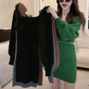 Váy Dệt Kim Màu Đỏ Ôm Vừa Vặn Cỡ Nhỏ Thanh Lịch Cho Nữ Mùa Đông Cao Cấp Váy Dài Cổ Vuông Dài Tay Phong Cách Hàn Quốc