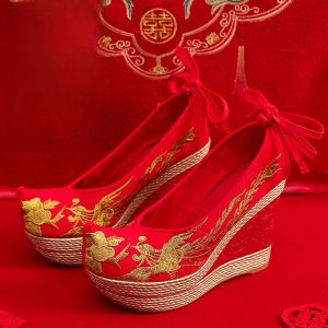 Giày Cưới Cổ Điển Màu Đỏ Thủ Công Giày Cao Gót Giày Đế Bằng Thêu Hoa Giày Đế Bằng Đế Cao Su Mũi Nhọn Cho Nữ