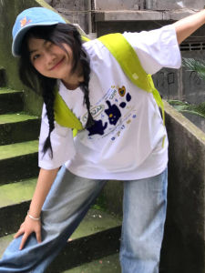 Sweet Vibe Girlish Style Pure Cotton Short Sleeve T-Shirt Womens Summer Fun Kitten Graffiti BF Street Style Half Sleeve Tops