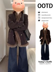 ZHENMANZI | Vintage Brown Fur Collar Thick Outerwear Female
