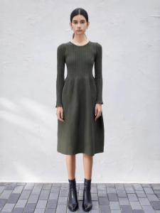 SDEER | Sdeer Autumn Winter Long Knitted Dress Round Neck Texture Ribbed Design Polyester Fiber Office Style Mid-Length OL Fashion