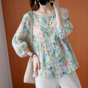 Artsy Spring & Fall Cotton and Linen T-shirt Shirt K-style Print V-neck Shirt Puff Sleeves Doll Shirt Loose Linen Tops Summer