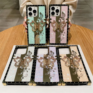 Case Oppo A18 A58 A78 A16 A16K A16e A17 A17k A57 A96 A76 A74 A94 A92 A93 A95 A54 A53 A15 A15S A12 A9 A5 A3S A5S A12e F11 Pro F9 Pro F7 colorful Butterfly Holder Cases for girlLuxury Golden Decoration Square Shockproof Back