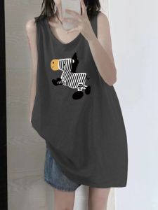 Design Sensation Womens Sleeveless Vest Top Summer Cotton Loose Midi Length Outerwear T-shirt Korean Style round Neck Print