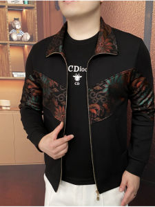 Mandarin Collar Zippered Fitted Jacket Printed Fashionable Outerwear