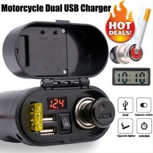 Pinph Motorcycle USB Charger with Voltmeter Time Display Waterproof Dual USB Port Charger