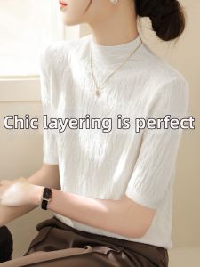 Wrinkle Half Turtleneck White Top Five-Sleeve
