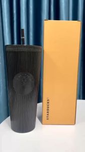 Ly Starbucks US Black Pleated Metallic Core Tumbler 710ml bình nước full đen kèm ống hút