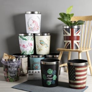Luxury Leather Trash Can American Vintage Ring Press Home Living Room Bedroom Toilet Paper Basket round Body No Lid Household Cleaning Tools