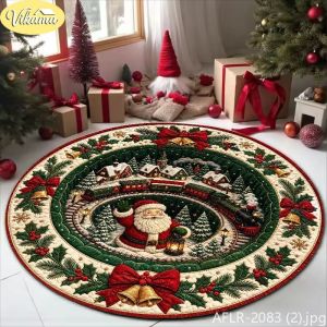 2D Train and Santa Claus Round Rug Non-Slip Festive Decorative Mat for Living Room Sofa Coffee Table Xmas Rug Home Decor