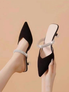 Womens Leather High Heels Semi Slippers Spring Summer New Style Medium Heel Daily Wear Comfortable Rubber Sole Korean Style