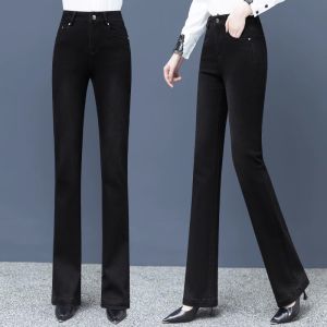 กางเกงยีนส์ทรงขาบานเอวสูงทรงเข้ารูปสไตล์ย้อนยุคสำหรับผู้หญิง กางเกงขายาวทรงขาบานทรงเข้ารูปทรงเข้ารูปสำหรับฤดูใบไม้ร่วงและฤดูหนาว