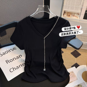 Big Sale Leak-Picking ~ Counter Withdrawal Big Brand Export Shoulder Short-Sleeved T-shirt Female Summer Ruched Chain V Neck Anti-Aging Top