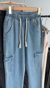 Celana jeans panjang wanita celana vintage denim pinggang karet straight jumbo wanita