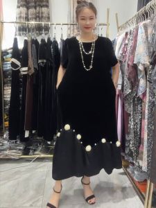 2025 New round Neck Silk Blend Acetate Satin Patchwork Slimming Elegant Dress Commute Korean Style Loose Waist Short Sleeve