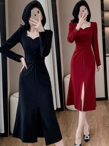 Red Dress Womens Slim Fit Elastic French Collar Dress Autumn 2025 New Style Long Sleeve A-Line Skirt Casual Daily Wear