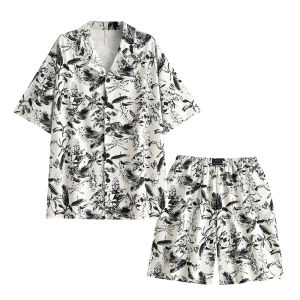 yuenei | Mens Summer Cotton Pajamas Short Sleeve Casual Vacation Shirt Loose Fit Home Clothes Comfortable Breathable Soft Fabric