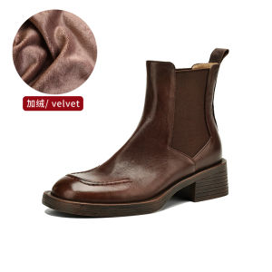 Genuine Leather Chelsea Boots Womens round Toe Short Boots Brown Retro Commute Medium Heel Martin Boots And Bare Boots