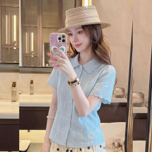 YIKEMAI | French Style Lace Collar Short Sleeve Large Size Womens Shirt