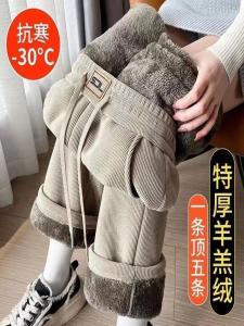 กางเกงขายาวทรงหลวมผ้าคอร์ดูรอยหนาสำหรับผู้หญิง กางเกงขายาวทรงตรงผ้ากำมะหยี่ผสมขนแกะสำหรับฤดูหนาว กางเกงขายาวทรงหลวมสบาย ๆ สำหรับฤดูใบไม้ร่วงและฤดูหนาว