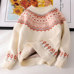 Girls Fleece Lined Knitwear Thick Warm Autumn Winter Style Overhead Pullover Children Fashionable Sweater Little Girl Base Layer Shirt