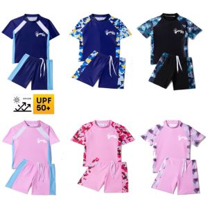 Boys 2 Piece Rash Guard Swimsuit Set Color Block Long Sleeve Swim Top Drawstring Swim Shorts Kids Teen Surfing Bathing Suit for Swimming Pool Beach