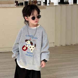 Gray Cartoon Dog Towel Embroidered Long Sleeve Fleece Lined Sweatshirt for Boys Kids Comfortable Loose Fit Cotton Polyester Blend
