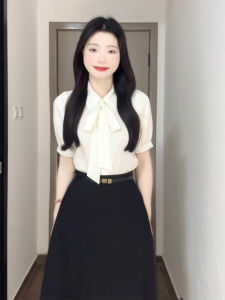 Elegant French Style Womens Blouse with Scarf for Summer New Arrival One-Piece Business Casual Black Half-Length Skirt Set Commutes Versatile