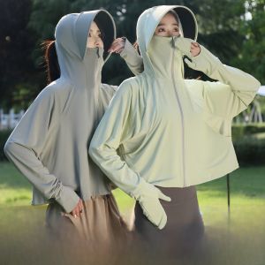 Áo Chống Nắng Bằng Lụa Băng Mỏng Thoáng Khí Cho Nữ Mùa Hè Ngoài Trời Chống Tia UV UPF50+ Áo Chống Nắng Có Mũ Ngắn Màu Trơn